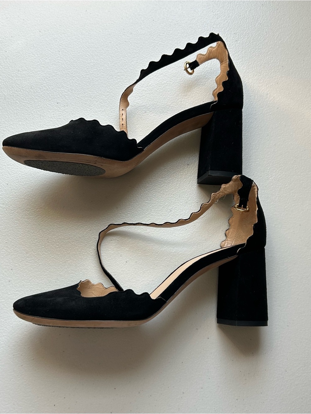 Chloé Lauren Black Suede Scalloped Ankle Strap Block Heel Pumps EU 38